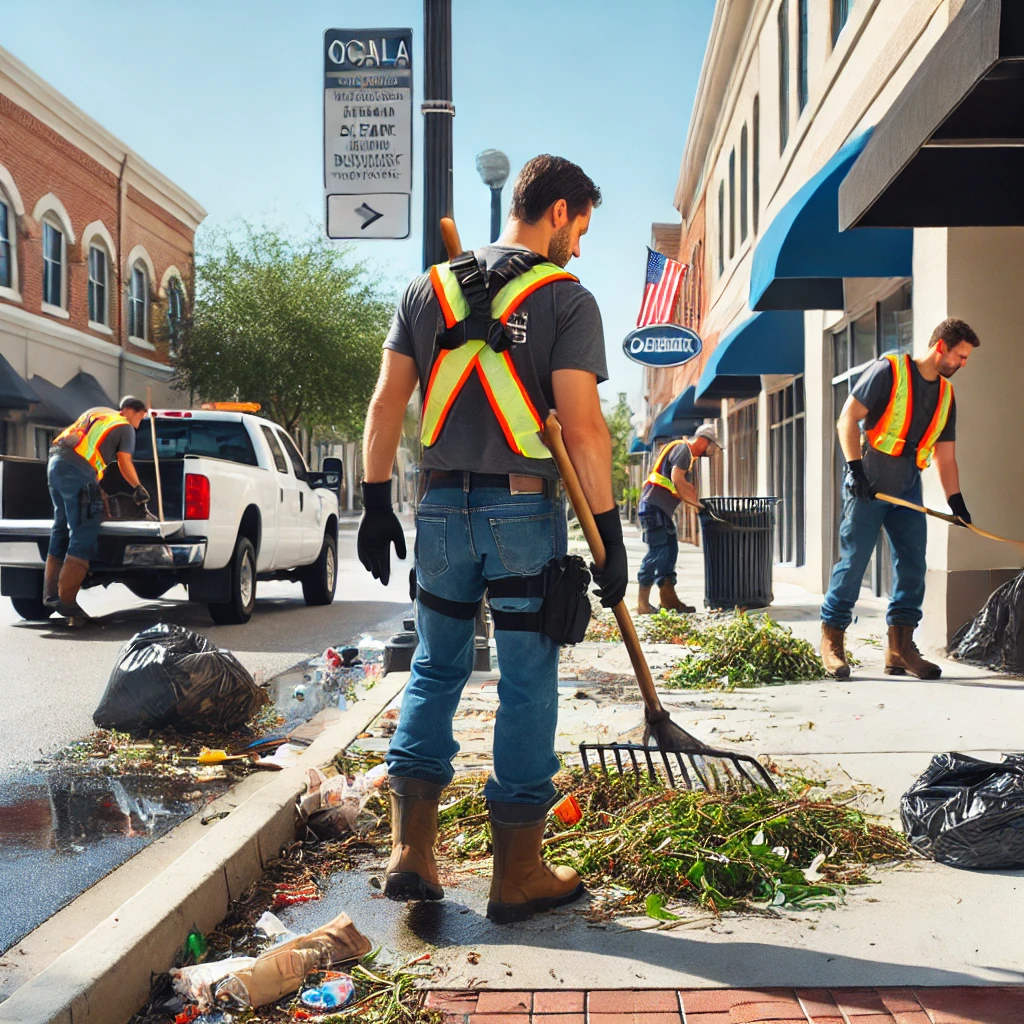 man cleaning debris